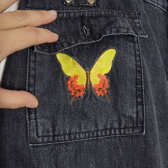 Fancy Denim Vintage Black 100% Cotton Butterfly Embroidered Denim Skirt Large - Picture 4 of 12